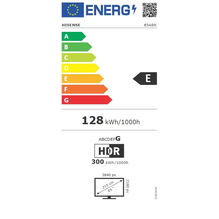 Hisense 85’’ A6N 4K Ultra HD 3840x2160 DLED DFA Precision Colour HDR 10+ HLG Dolby Vision DTS Virtual X Smart TV WiFi