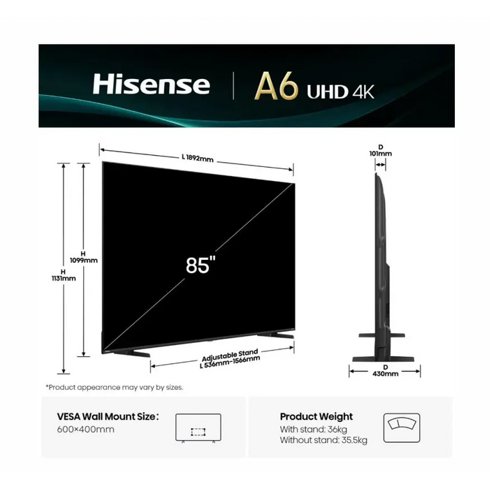 Hisense 85’’ A6Q 4K Ultra HD 3840x2160 DLED DFA Precision Colour HDR 10+ HLG Dolby Vision DTS Virtual X Smart TV WiFi