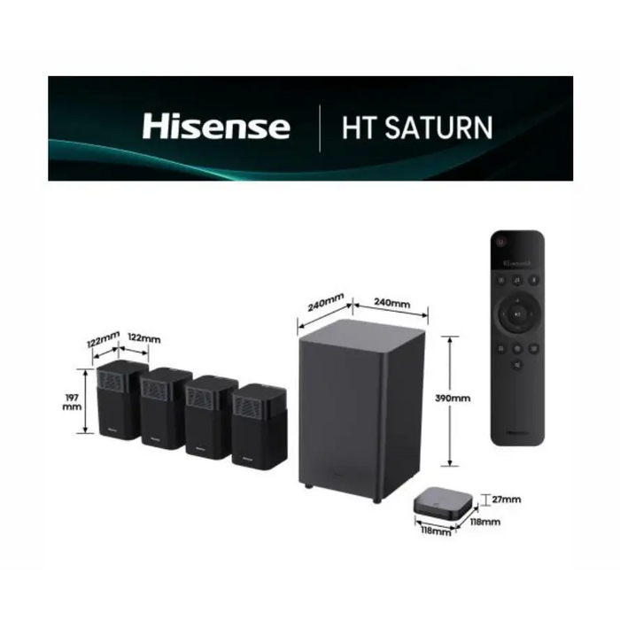 Hisense HT Saturn 4.1.2Ch Sound Bar with Wireless Subwoofer 720W Dolby Atmos Tuned by Devialet DTS:X,Quad Satellite