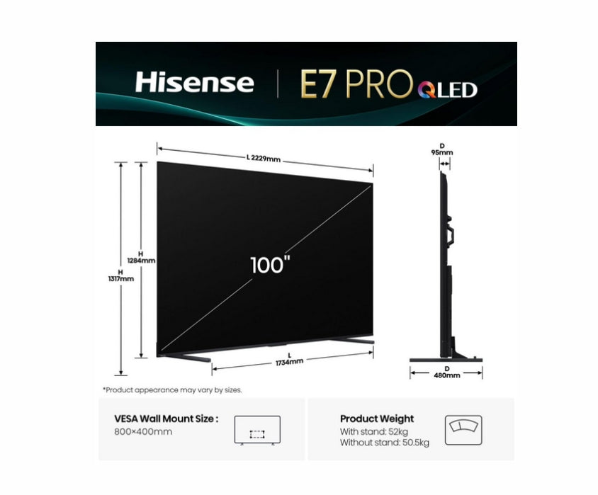 Hisense, 100''  E7Q PRO,QLED Smart, FALD, 144Hz, 5000:1,Quantum Dot, Dolby vision ,Vidaa, ADS, Black