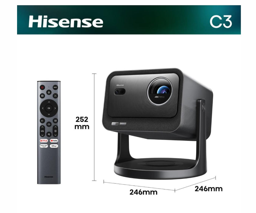 Hisense C3 Smart mini Laser Projector, 4K Ultra HD 3840x2160, 2000:1, 2500 lum, 60 Hz, Digital Zoom,Dolby Vision, HDR10+(decoding), HDR10, HLG, 2*10W, Silver