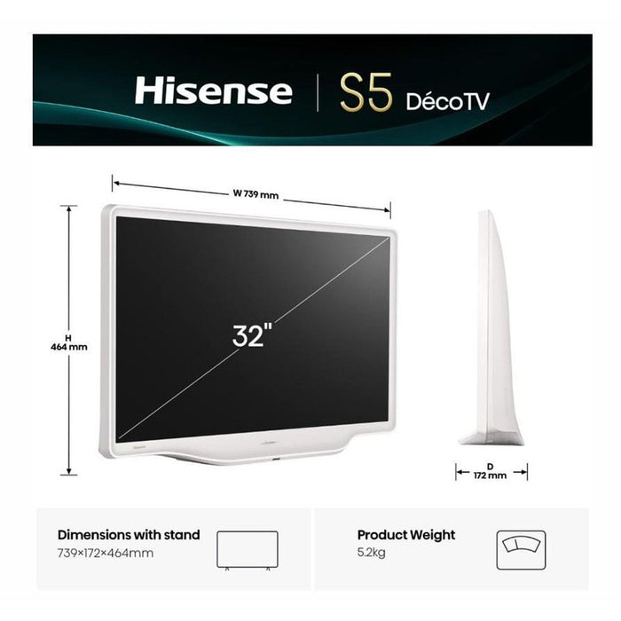 Hisense 32" S5Q, Full HD 1920x1080, QLED, 220 nits, HDR, HLG, DTS HD, Light Sensor, Dolby Audio, Smart TV, WiFi, WiFi Direct, 2xHDMI, 2xUSB, LAN, CI+, DVB-T2/C/S2, White