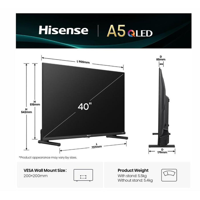 Hisense 40" A5Q, Full HD 1920x1080, QLED, Quantum Dot, HDR, HLG, DTS HD, Light Sensor, Dolby Audio, Smart TV, WiFi, WiFi Direct, 2xHDMI, 2xUSB, LAN, CI+, DVB-T2/C/S2, Black