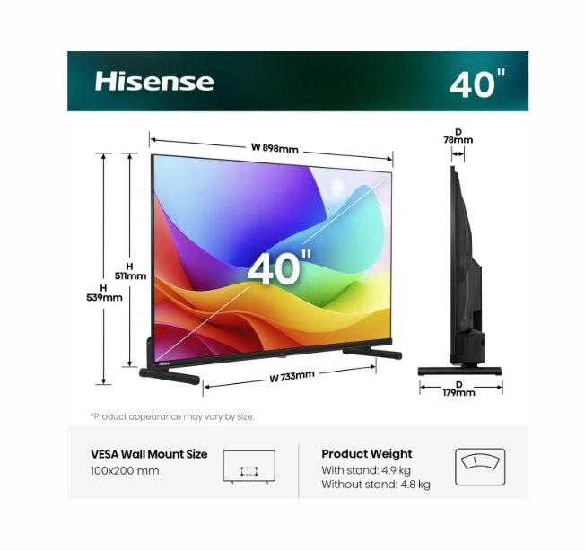 Hisense 40" A5S, Full HD 1920x1080, QLED, Quantum Dot, HDR, HLG, DTS HD, Light Sensor, Dolby Audio, Smart TV, WiFi, WiFi Direct, 2xHDMI, 2xUSB, LAN, CI+, DVB-T2/C/S2, Black