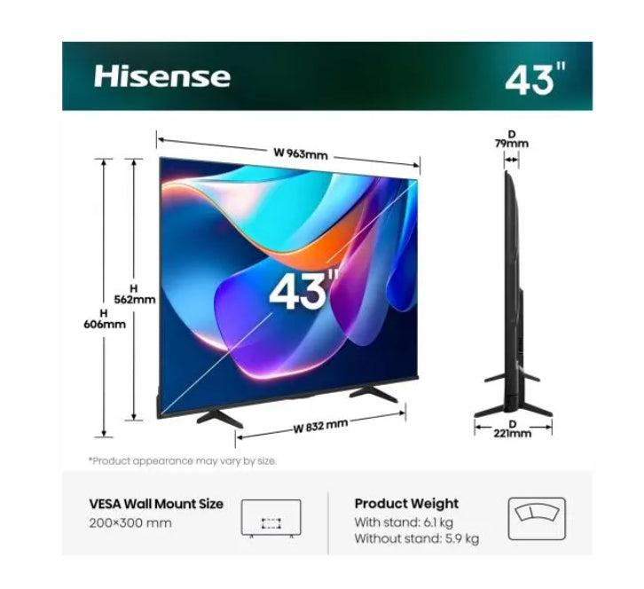 Hisense 43" A6S, 4K Ultra HD 3840x2160, DLED, DFA, Precision Colour, HDR 10+, HLG, Dolby Vision,Light sensor, Smart TV, WiFi, BT, AnyView Cast, Gaming Mode, 1xHDMI2 eArc, 3xHDMI, 2xUSB, LAN, CI+, DVB-T2/C/S2, Black