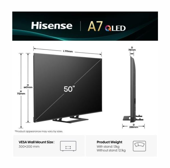 Hisense 50" A7Q, 4K Ultra HD 3840x2160, QLED, FALD, Quantum Dot, HDR 10+, HLG, Dolby Vision, Dolby Atmos, Smart TV, WiFi 5GHz, WiFi Direct, BT, Anyview Cast, 3xHDMI, 2xUSB, LAN, CI+, DVB-T2/C/S2, Black