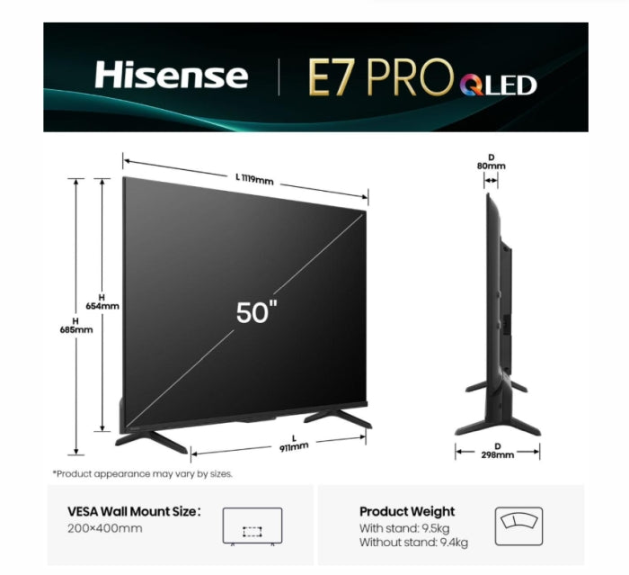 Hisense 50" E7Q Pro, 4K Ultra HD 3840x2160, QLED, Quantum Dot, 144Hz, HDR 10+ adaptive, HLG, Dolby Vision, DTS Virtual X, Smart TV, WiFi 5GHz, WiFi Direct, BT, Anyview Cast, 3xHDMI, 2xUSB, LAN, CI+, DVB-T2/C/S2, Black