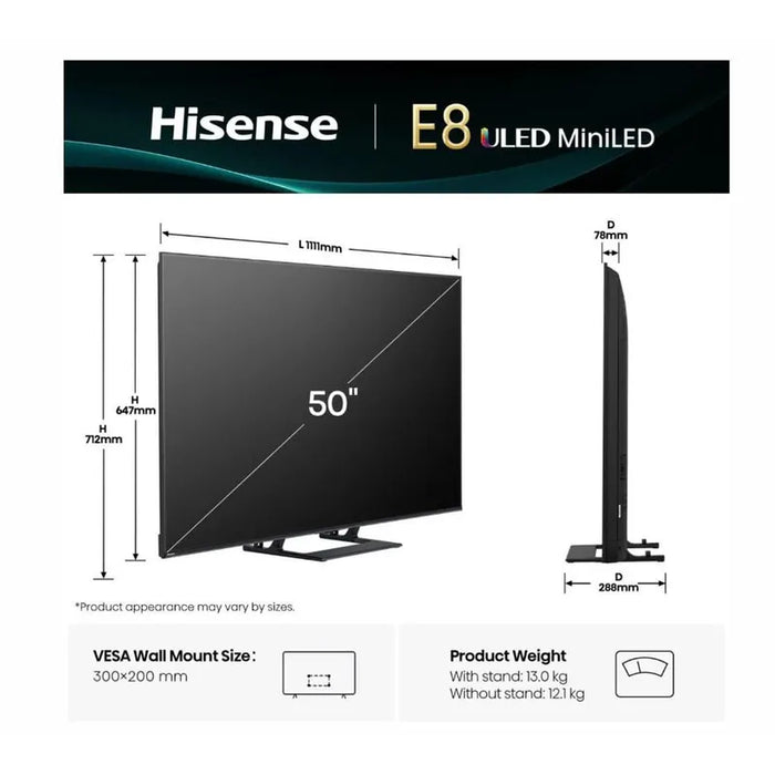 Hisense 50" E8Q, 4K Ultra HD 3840x2160, ULED, Quantum Dot,144 Hz,HDR 10+, HLG, Dolby Vision, DTS Virtual X, Smart TV, WiFi, Light Sensor, BT, Anyview Cast, 4xHDMI, 2xUSB, LAN, CI+, DVB-T2/C/S2, Singale Stand, Black