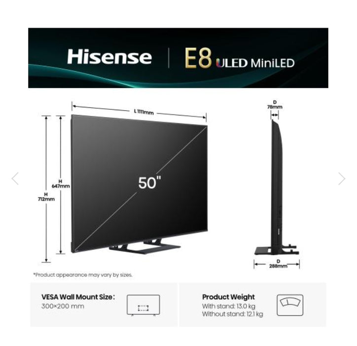 Hisense 50" E8Q, 4K Ultra HD 3840x2160, ULED, Quantum Dot,144 Hz,HDR 10+, HLG, Dolby Vision, DTS Virtual X, Smart TV, WiFi, Light Sensor, BT, Anyview Cast, 4xHDMI, 2xUSB, LAN, CI+, DVB-T2/C/S2, Singale Stand, Black