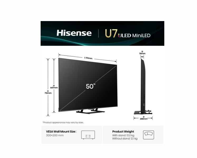 Hisense 50" U7Q, 4K Ultra HD 3840x2160, ULED, FALD, Quantum Dot, 144Hz, IPS, HDR 10+, HLG, Dolby Vision IQ, Dolby Atmos, Smart TV, WiFi 5GHz, WiFi Direct, BT, Anyview Cast, 4xHDMI, 2xUSB, LAN, CI+, DVB-T2/C/S2, Black