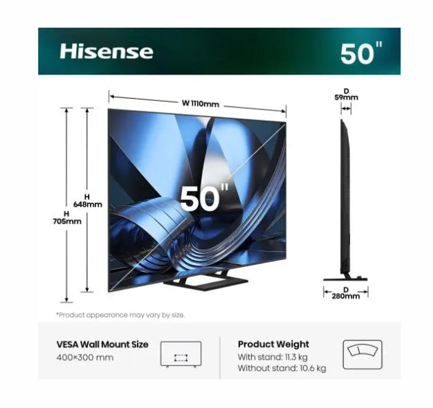 Hisense 50" U7SE, 4K Ultra HD 3840x2160, ULED, FALD, Quantum Dot, 144Hz, IPS, HDR 10+, HLG, Dolby Vision IQ, Dolby Atmos, Smart TV, WiFi 5GHz, WiFi Direct, BT, Anyview Cast, 4xHDMI, 2xUSB, LAN, CI+, DVB-T2/C/S2, Black