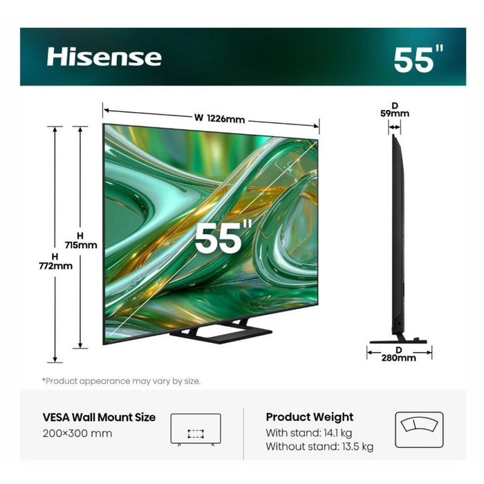 Hisense 55" E8S, 4K Ultra HD 3840x2160, ULED, Quantum Dot,144 Hz,HDR 10+, HLG, Dolby Vision, DTS Virtual X, Smart TV, WiFi, Light Sensor, BT, Anyview Cast, 4xHDMI, 2xUSB, LAN, CI+, DVB-T2/C/S2, Singale Stand, Black