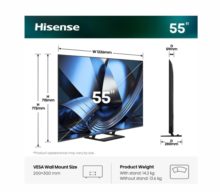 Hisense 55" U7SE, 4K Ultra HD 3840x2160, ULED, FALD, Quantum Dot, 144Hz, IPS, HDR 10+, HLG, Dolby Vision IQ, Dolby Atmos, Smart TV, WiFi 5GHz, WiFi Direct, BT, Anyview Cast, 4xHDMI, 2xUSB, LAN, CI+, DVB-T2/C/S2, Black