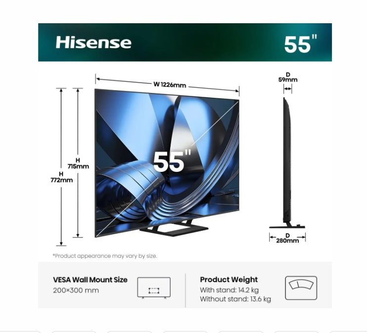 Hisense 55" U7SE, 4K Ultra HD 3840x2160, ULED, FALD, Quantum Dot, 144Hz, IPS, HDR 10+, HLG, Dolby Vision IQ, Dolby Atmos, Smart TV, WiFi 5GHz, WiFi Direct, BT, Anyview Cast, 4xHDMI, 2xUSB, LAN, CI+, DVB-T2/C/S2, Black