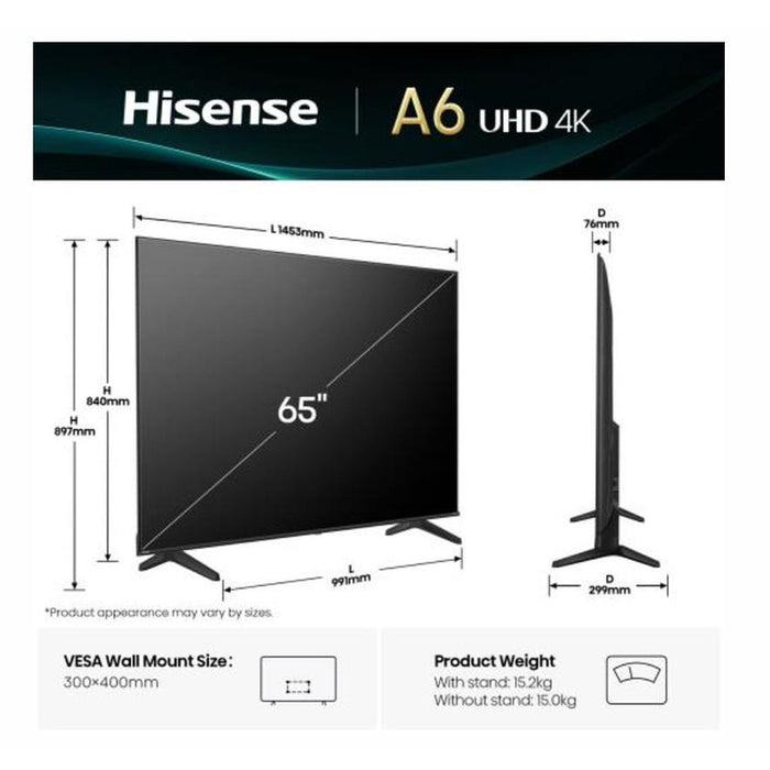 Hisense 65" A6Q, 4K Ultra HD 3840x2160, DLED, DFA, Precision Colour, HDR 10+, HLG, Dolby Vision, DTS Virtual X, Smart TV, WiFi, BT, Light Sensor, Gaming Mode, 1xHDMI2 eArc, 3xHDMI, 2xUSB, LAN, CI+, DVB-T2/C/S2, Black