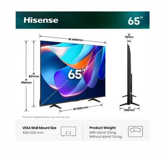Hisense 65" A6S, 4K Ultra HD 3840x2160, DLED, DFA, Precision Colour, HDR 10+, HLG, Dolby Vision, DTS Virtual X, Smart TV, WiFi, BT, Light Sensor, Gaming Mode, 1xHDMI2 eArc, 3xHDMI, 2xUSB, LAN, CI+, DVB-T2/C/S2, Black