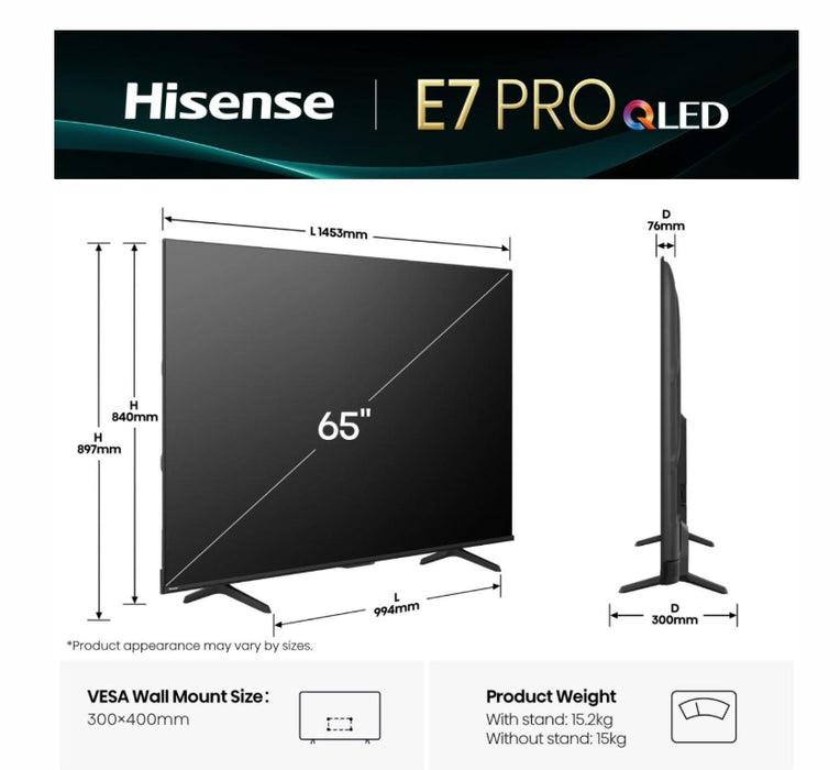Hisense 65" E7Q Pro, 4K Ultra HD 3840x2160, QLED, Quantum Dot, 144Hz, HDR 10+ adaptive, HLG, Dolby Vision, DTS Virtual X, Smart TV, WiFi 5GHz, WiFi Direct, BT, Anyview Cast, 4xHDMI, 2xUSB, LAN, CI+, DVB-T2/C/S2, Black