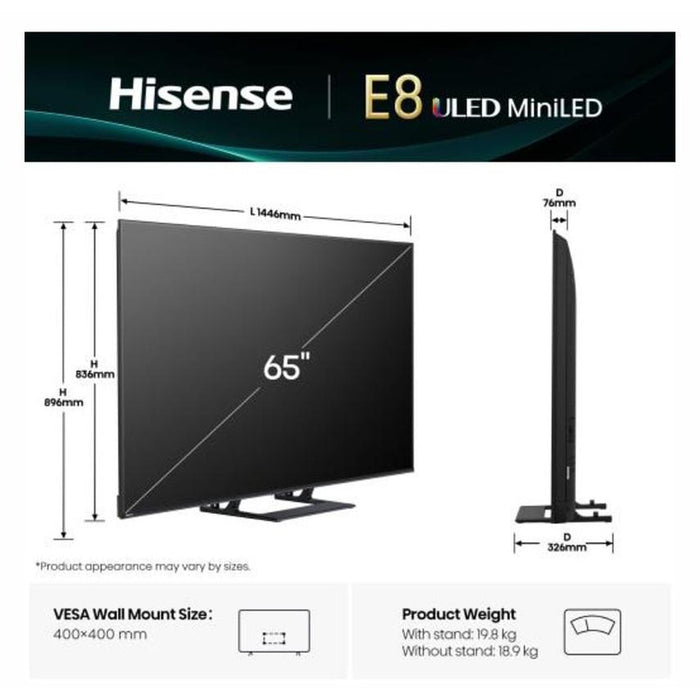 Hisense 65"E8Q, 4K Ultra HD 3840x2160, ULED, Quantum Dot,144 Mhz, HDR 10+, HLG, Dolby Vision, Smart TV,Light Sensor,WiFi Direct, BT, Anyview Cast,Built-in,Subwoofer, 4xHDMI, 2xUSB, LAN, CI+, DVB-T2/C/S2, Black