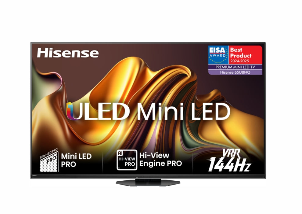 Hisense 65" U8NQ, 4K Ultra HD 3840x2160, ULED Pro, FALD, Quantum Dot, 144Hz, IPS, HDR 10+, HLG, Dolby Vision IQ, Dolby Atmos, Smart TV,Light Sensor,WiFi 5GHz, WiFi Direct, BT, Anyview Cast, 4xHDMI, 2xUSB, LAN, CI+, DVB-T2/C/S2, Black