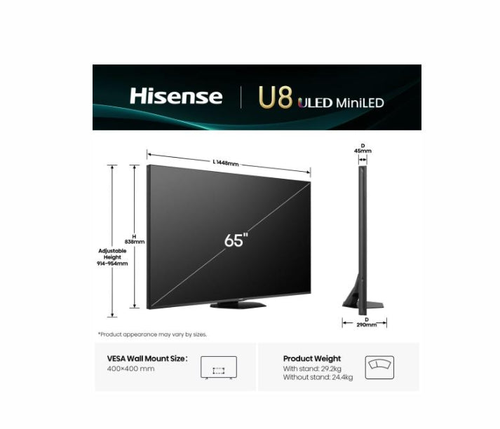 Hisense 65" U8Q, 4K Ultra HD 3840x2160, Mini Led Pro, FALD, Quantum Dot, 165Hz, IPS, HDR 10+, HLG, Dolby Vision IQ, Dolby Atmos, Smart TV,Light Sensor,WiFi 5GHz, WiFi Direct, BT, Anyview Cast, 3xHDMI, 2xUSB, LAN, CI+, DVB-T2/C/S2, Black