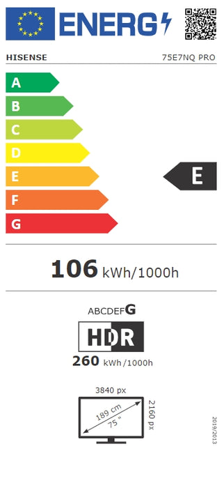 Hisense 75" E7NQ Pro, 4K Ultra HD 3840x2160, QLED, Quantum Dot, 144Hz, HDR 10+ adaptive, HLG, Dolby Vision, DTS Virtual X, Smart TV, WiFi 5GHz, WiFi Direct,Light Sensor, BT, Anyview Cast, 3xHDMI, 2xUSB, LAN, CI+, DVB-T2/C/S2, Black