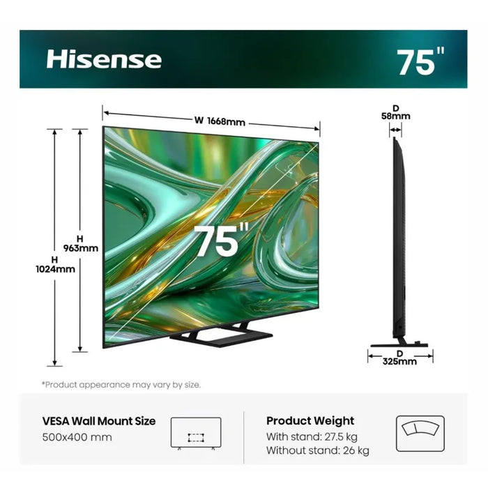 Hisense 75" E8S, 4K Ultra HD 3840x2160, ULED, Quantum Dot,144 Hz, HDR 10+, HLG, Dolby Vision, DTS Virtual X, Smart TV, Light Sensor, WiFi Direct, BT, Anyview Cast, 3xHDMI, 2xUSB, LAN, CI+, DVB-T2/C/S2,Singale stand, Black