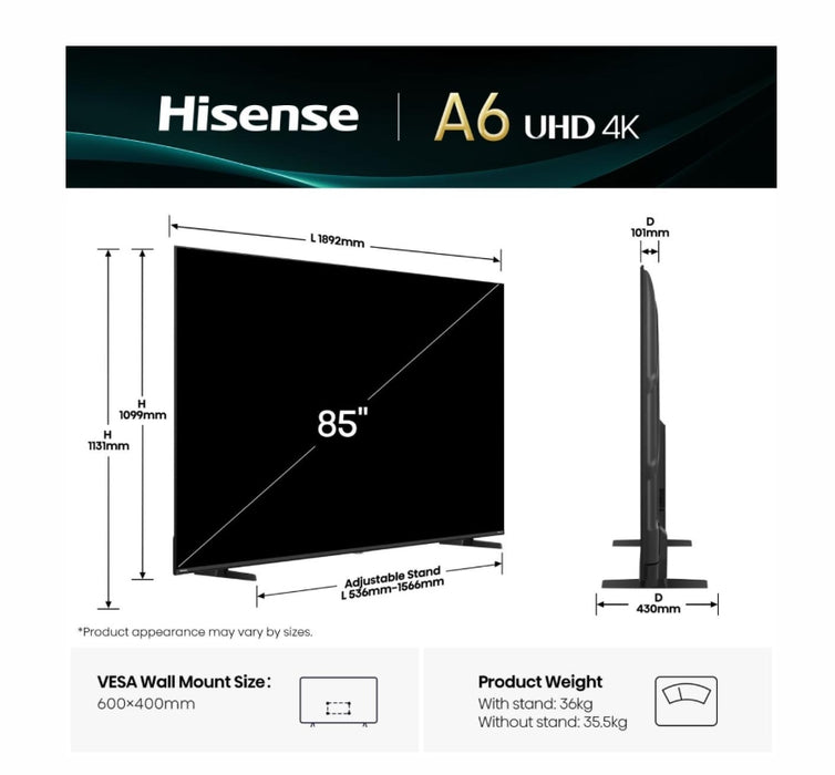 Hisense 85" A6Q, 4K Ultra HD 3840x2160, DLED, DFA, Precision Colour, HDR 10+, HLG, Dolby Vision, DTS Virtual X, Smart TV, WiFi, Light Sensor, Gaming Mode, 1xHDMI2 eArc, 3xHDMI, 2xUSB, LAN, CI+, DVB-T2/C/S2, Black