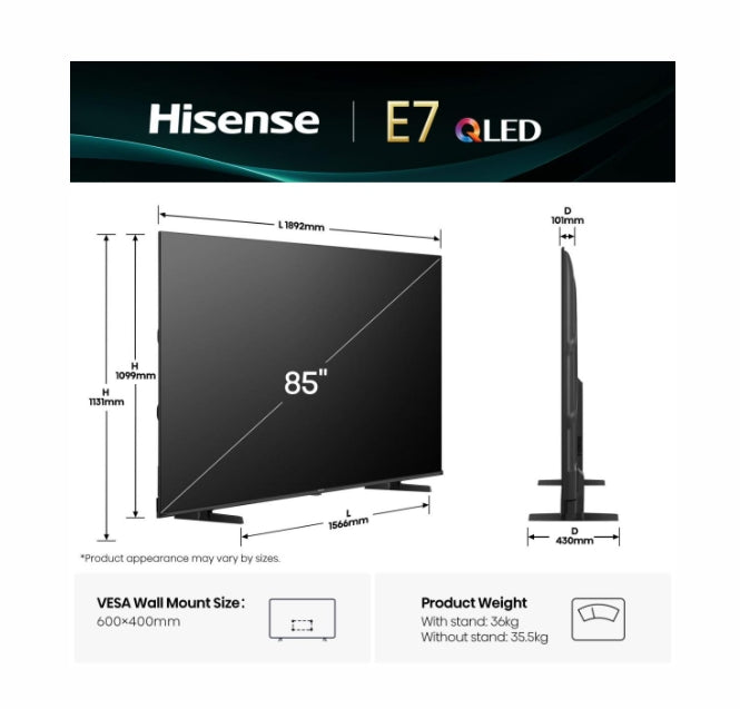 Hisense 85" E7Q, 4K Ultra HD 3840x2160, Quantum Dot, 60Hz, Light Sensor,IPS, HDR 10+, HLG, Dolby Vision IQ, Dolby Atmos, Smart TV, WiFi 5GHz, WiFi Direct, BT, Anyview Cast, 3xHDMI, 2xUSB, LAN, CI+, DVB-T2/C/S2, Black