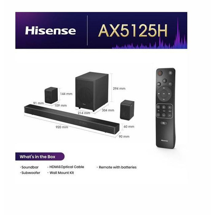 Hisense AX5125H 5.1.2Ch Sound Bar with Wireless Subwoofer, 500W, Dolby Atmos, Bluetooth 5.3, 4K HDMI Pass Through, DTS:X, HDMI/AUX/ARC/Optical/USB, 7 EQ Modes