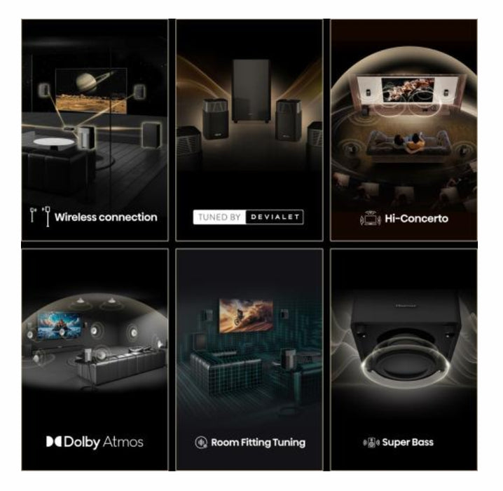 Hisense HT Saturn, 4.1.2Ch Sound Bar with Wireless Subwoofer, 720W, Dolby Atmos, Tuned by Devialet , DTS:X,Quad Satellite Speakers , Black