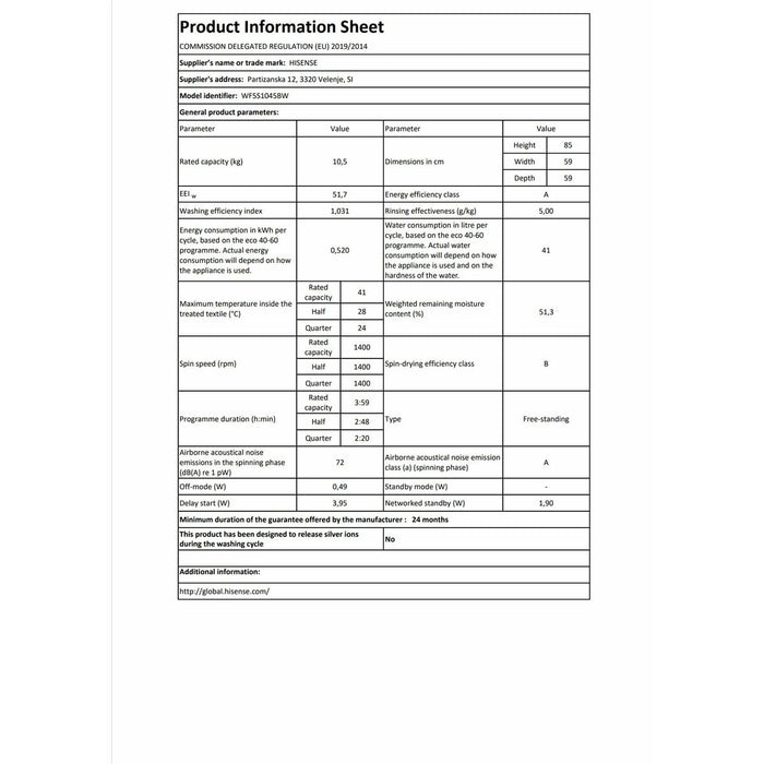 Washing machine Hisense WF5S1045BW 59,5 cm 1400 rpm 10,5 kg