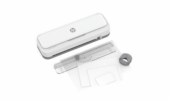 HP ONELAM 400 A4 laminator, Hot/Cold, integrated trimmer, corner rounder, speed 40 cm/min + 15 pouches: 3xA4, 4xA5, 4xA6, 4xB-CARD, white