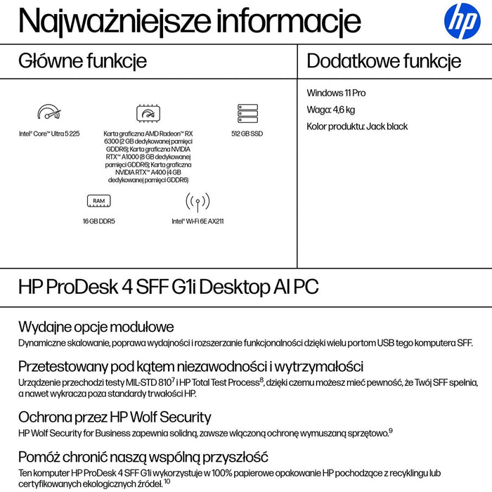 HP ProDesk 4 SFF G1i AI PC Intel Core Ultra 5 225 16 GB DDR5-SDRAM 512 GB SSD Windows 11 Pro Black