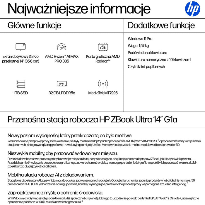 HP ZBook Ultra G1a Copilot+ PC AMD Ryzen AI Max PRO 385 Mobile workstation 35.6 cm (14") 2.8K touchscreen 32 GB LPDDR5x-SDRAM 1 TB SSD Wi-Fi 7 (802.11be) Windows 11 Pro AI Workstation, AI PC Silver