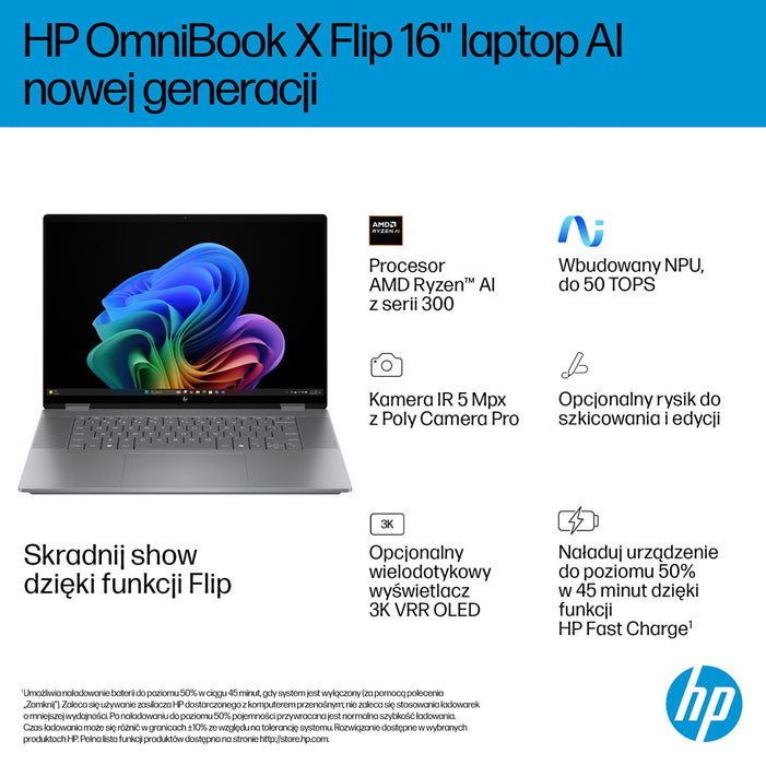 HP OmniBook X Flip 16-ar0016nw Ryzen AI 5 340 16.0"2K Touch OLED IPS 300nits AG 16GB LPDDR5X SSD1TB Radeon 840M Cam 5MPx + IR  68Wh Win11 Meteor Silver 2Y