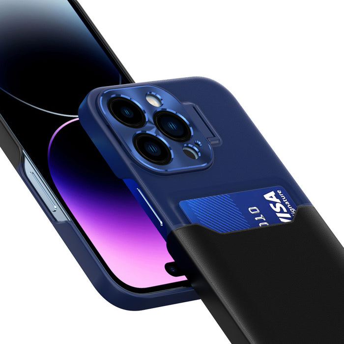 Leather Stand Case case for iPhone 14 Plus cover card wallet with stand blue