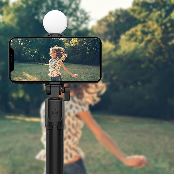 Selfie stick WR1YXS telescopic tripod 0.71m with round lamp - black