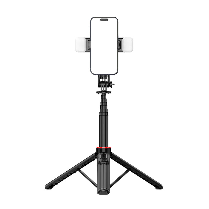 Selfie stick WC12YDS 1.3m aluminum alloy telescopic tripod with dual lamp and phone holder - black