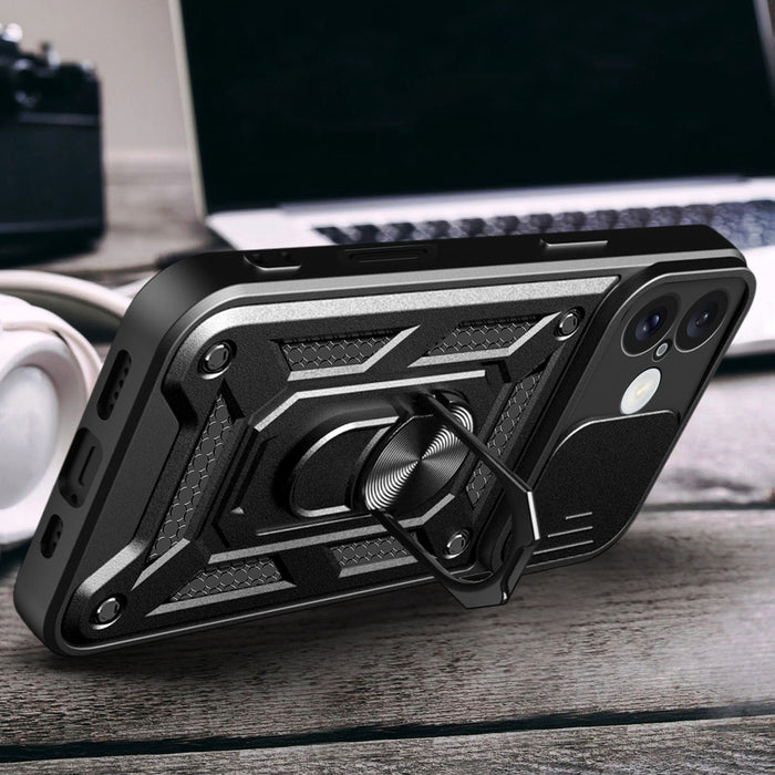Hybrid Armor Camshield iPhone 16 Armored Case with Camera Cover and Stand - Black