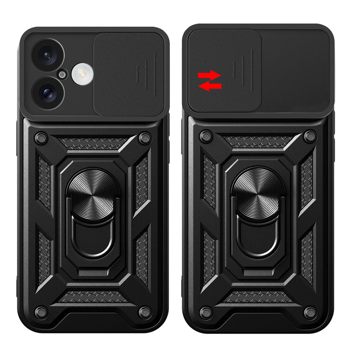Hybrid Armor Camshield iPhone 16 Armored Case with Camera Cover and Stand - Black