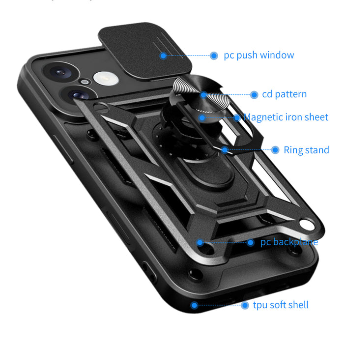 Hybrid Armor Camshield iPhone 16 Plus Armored Case with Camera Cover and Stand - Black