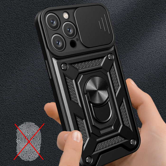 Hybrid Armor Camshield iPhone 16 Pro Case with Camera Cover and Stand - Black