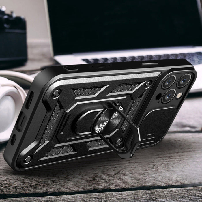 Hybrid Armor Camshield iPhone 16 Pro Case with Camera Cover and Stand - Black