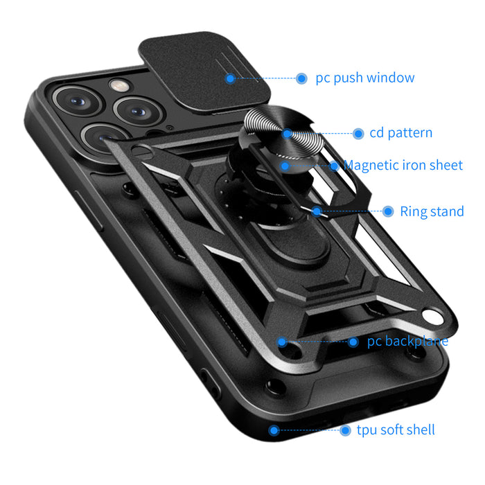 Hybrid Armor Camshield iPhone 16 Pro Max Armored Case with Camera Cover and Stand - Black