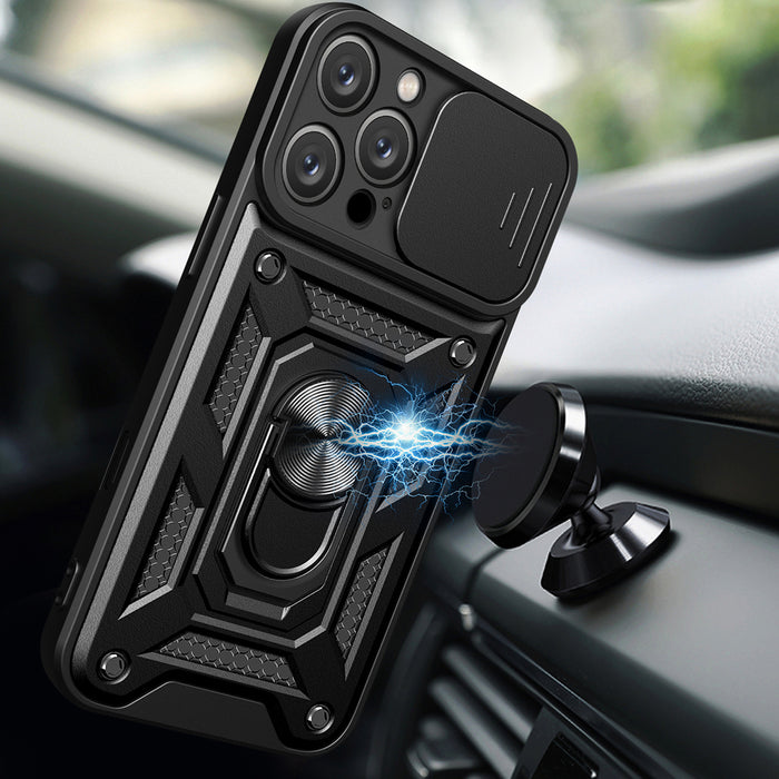 Hybrid Armor Camshield iPhone 16 Pro Max Armored Case with Camera Cover and Stand - Black