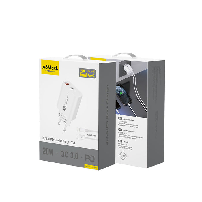 A6MaxL 20W USB-A USB-C Wall Charger with 1m USB-C - Lightning Cable - White