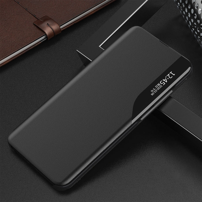 Eco Leather View Case, an elegant case with a flap and stand for iPhone 16e / 17e - black