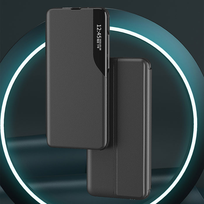 Eco Leather View Case, an elegant case with a flap and stand for iPhone 16e / 17e - black