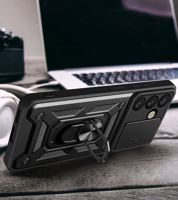 Hybrid Armor Camshield Case with Stand and Camera Cover for Samsung Galaxy M16 5G / F16 5G - Black