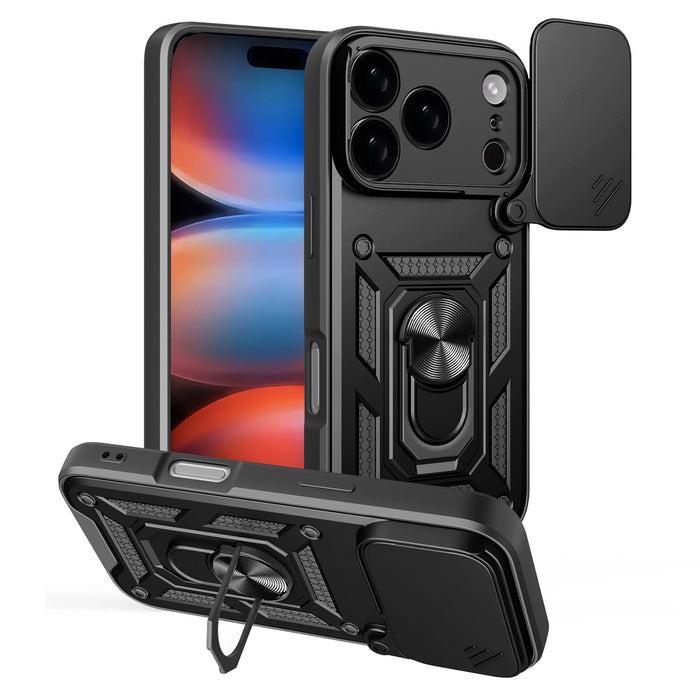Hybrid Armor Camshield iPhone 17 Pro Case with Stand and Camera Cover - Black